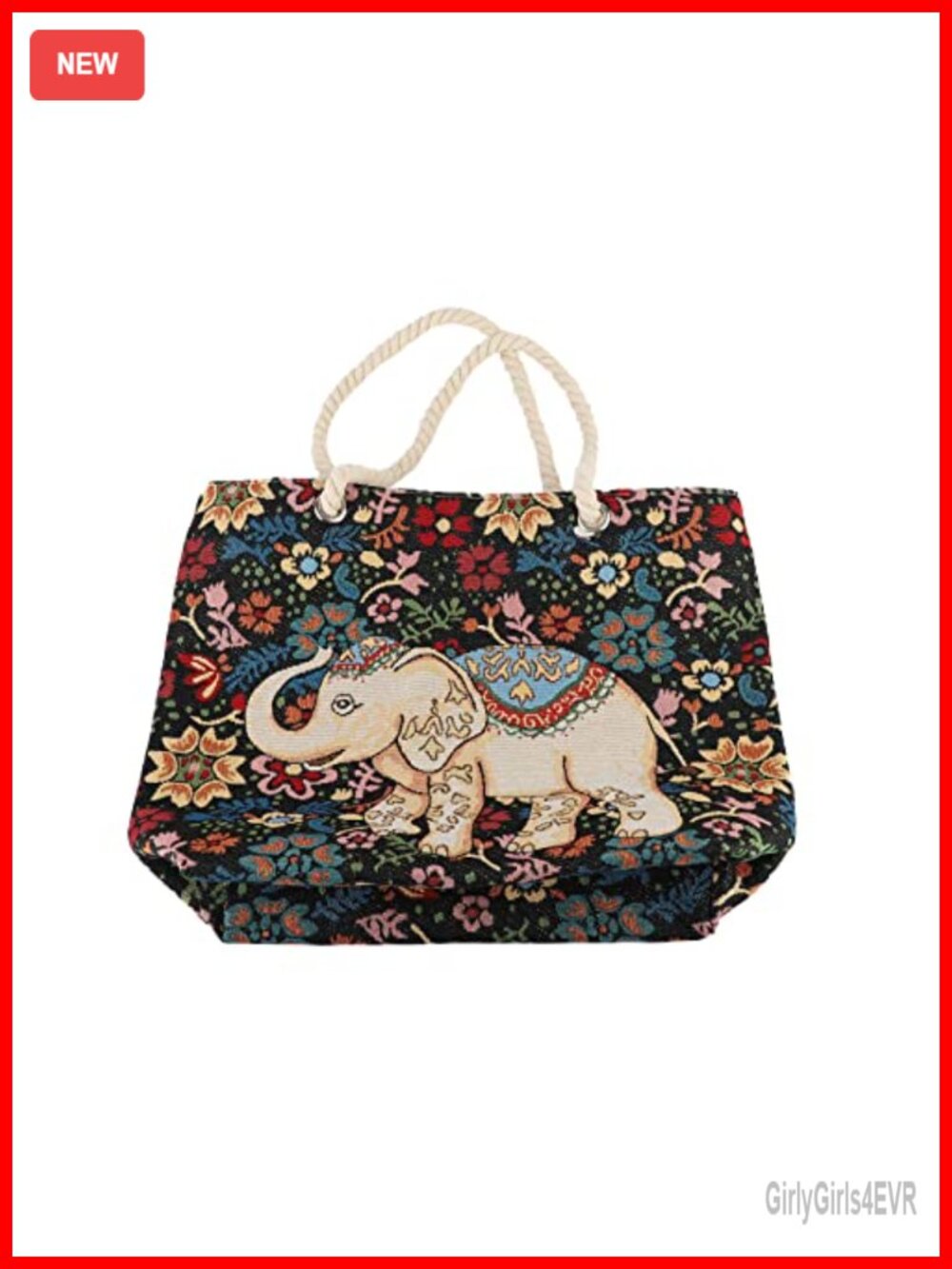 Canvas Tote Bag Floral Elephant Pattern Grocery Shopping Bag with Inner Pocket